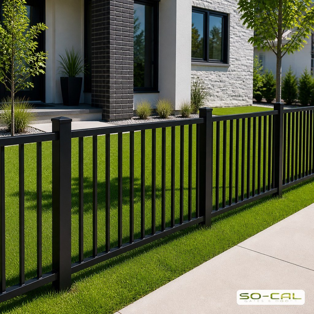 Modern black aluminum fence with clean flat top pickets beside a lawn