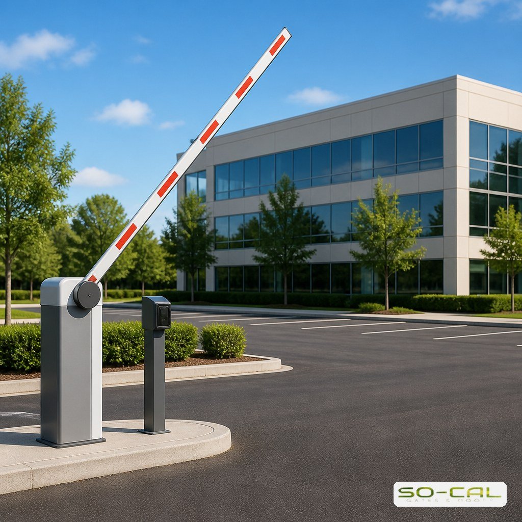 Barrier arm gate at a commercial parking lot entrance
