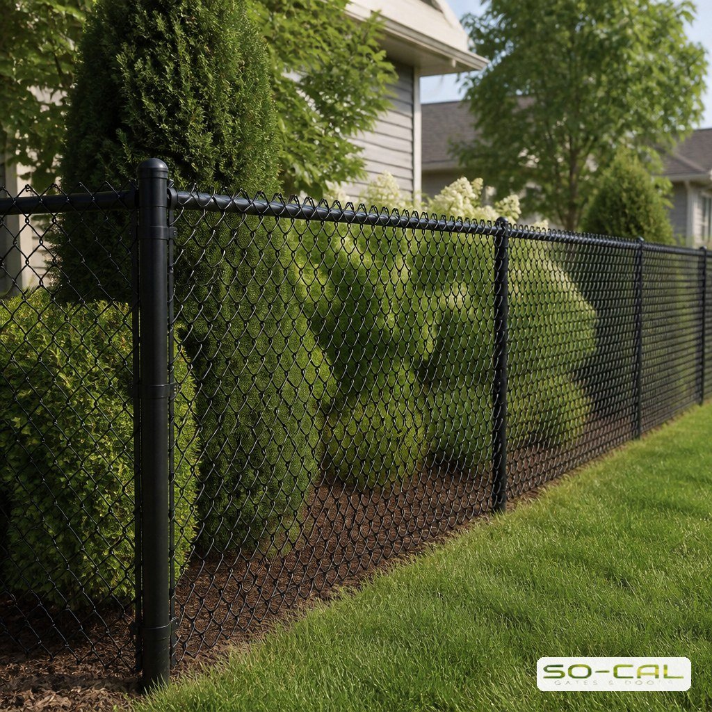 Black vinyl coated chain link fence bordering a residential yard