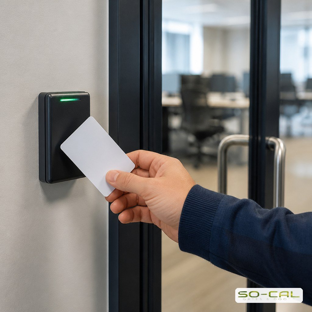 Employee presenting an access card to a commercial door reader