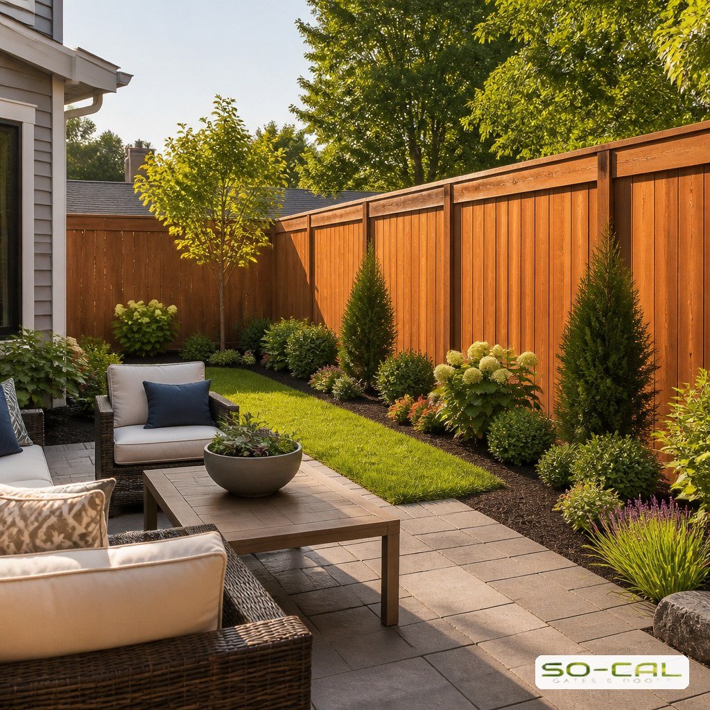 Freshly stained cedar wood privacy fence around a landscaped backyard