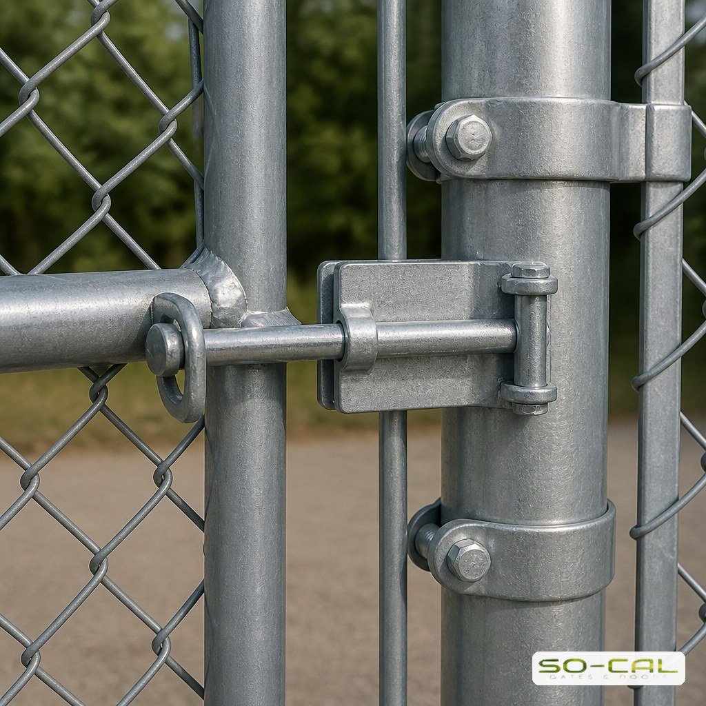 Close up of chain link gate latch and hinge hardware