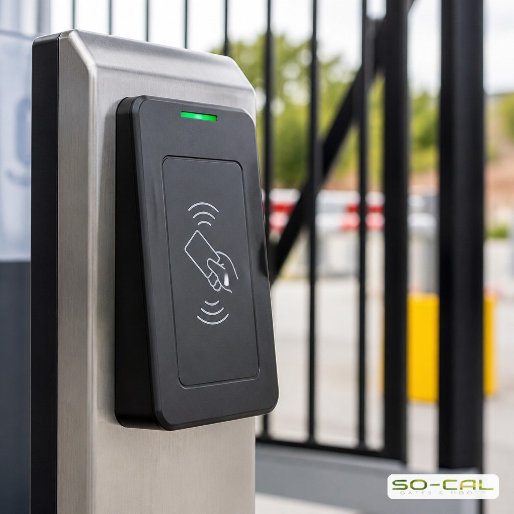 Card reader access control pedestal at a commercial vehicle entrance