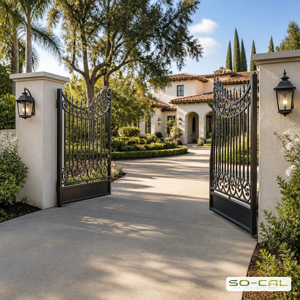 Double swing gate with ornamental iron panels open on a level driveway