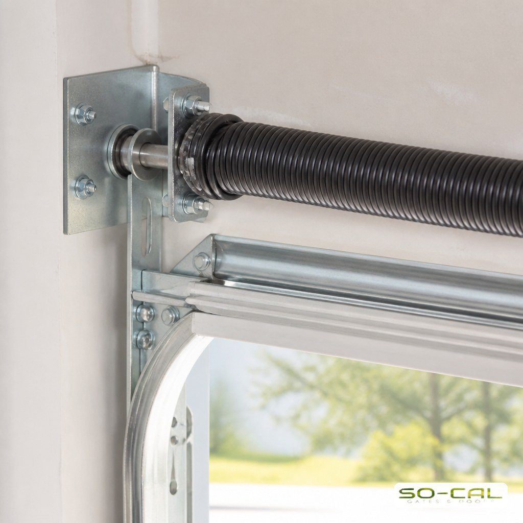 Torsion spring and bracket above a residential garage door