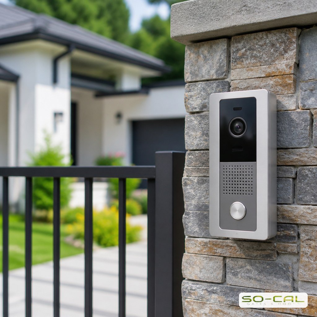 Video intercom mounted on a pillar beside a driveway gate