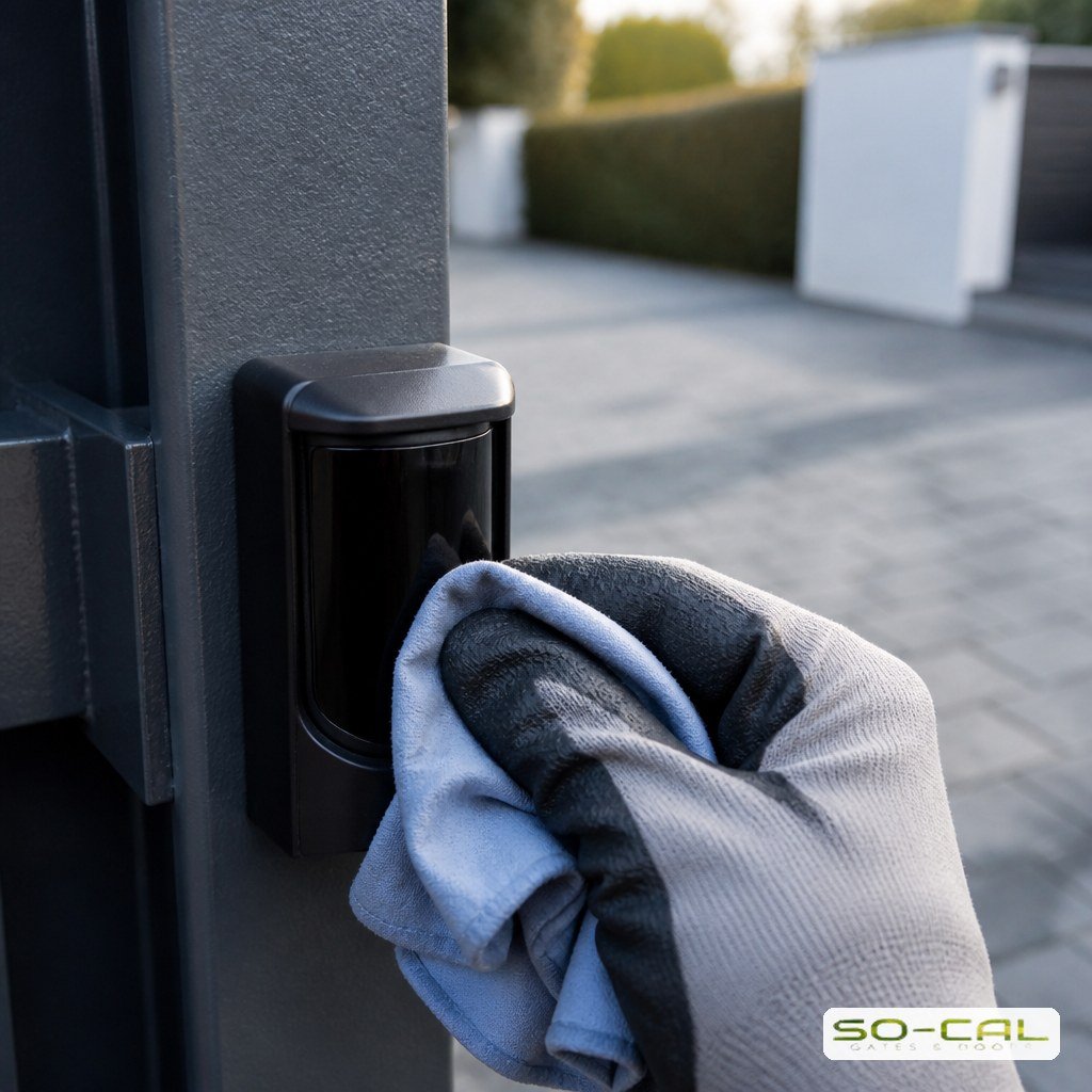 Cleaning the lens of a gate photo eye safety sensor