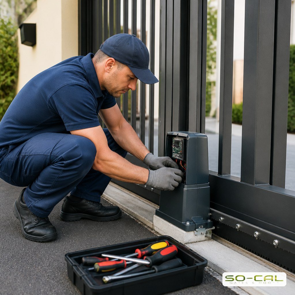 Technician servicing the operator on a residential driveway gate