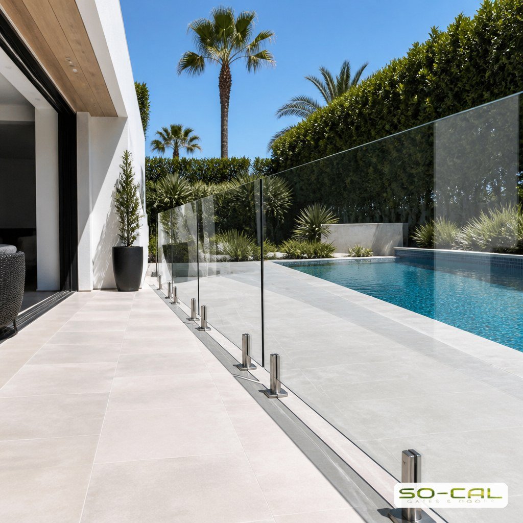 Frameless glass pool fence beside a modern backyard pool