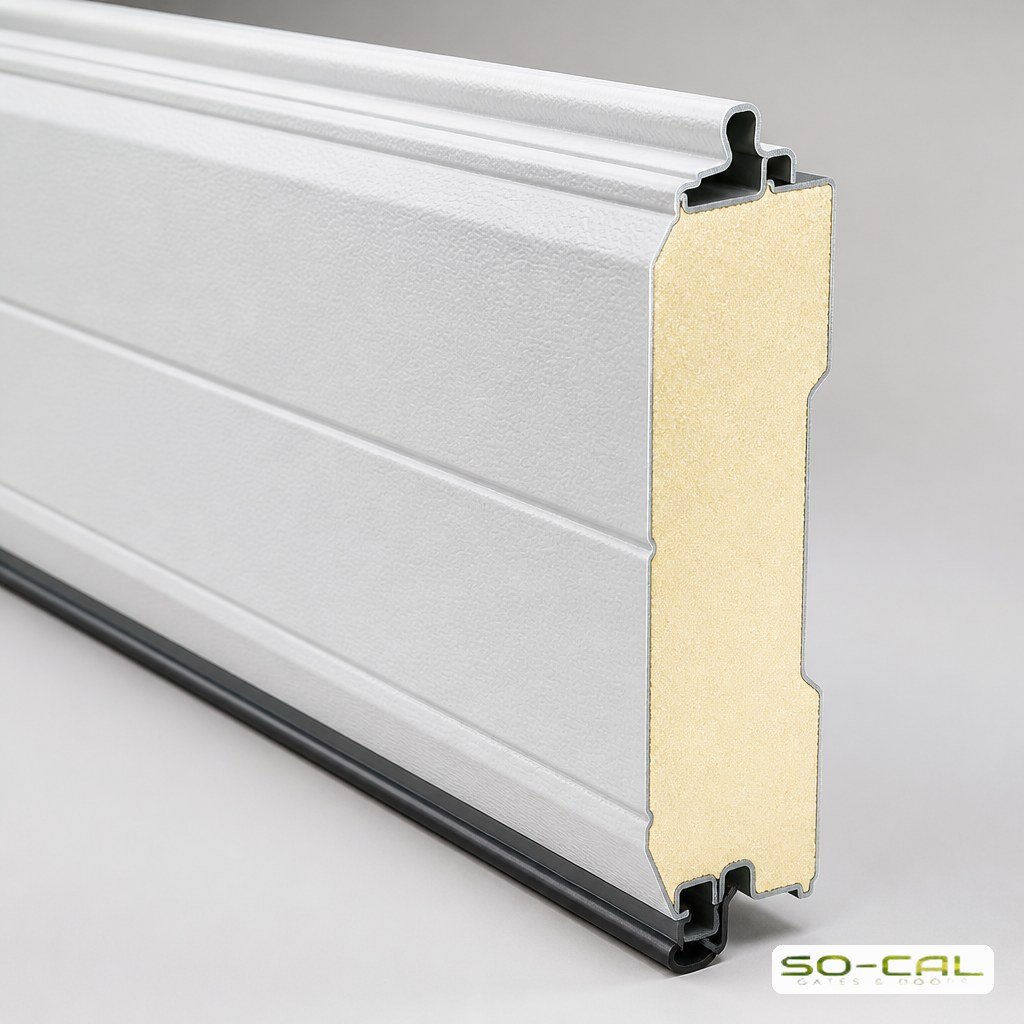 Close up of an insulated steel garage door panel