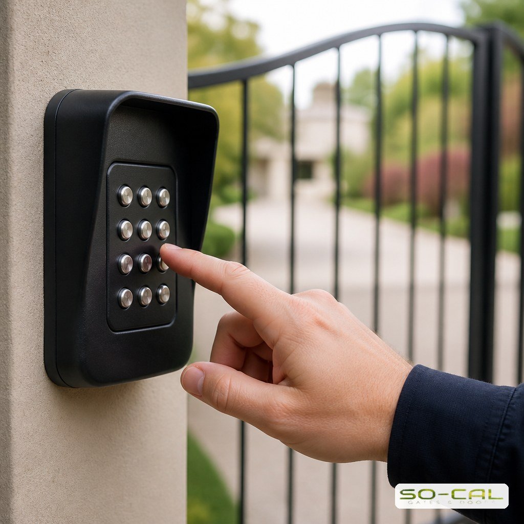 Keypad entry mounted beside a residential driveway gate