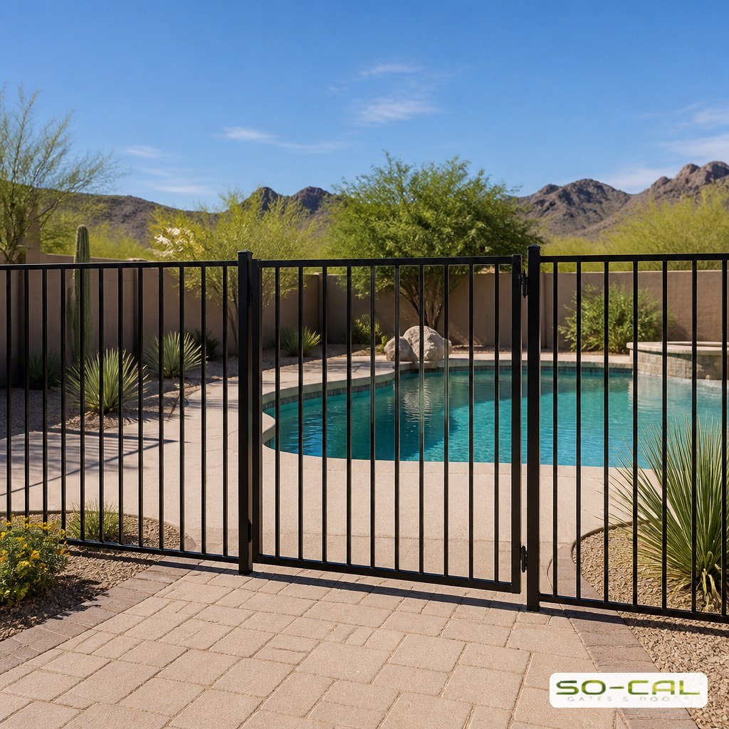 Black aluminum pool safety fence around a backyard swimming pool
