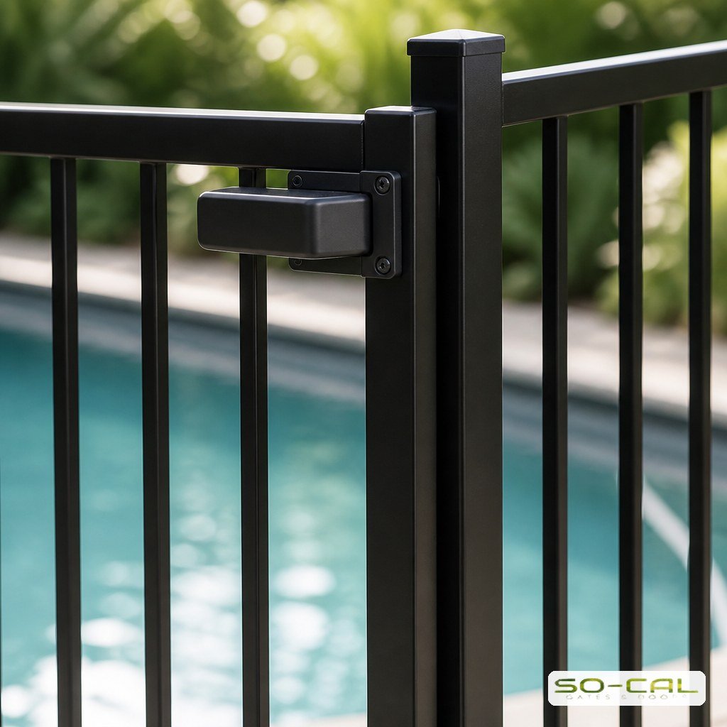 Self closing pool gate with a high mounted safety latch