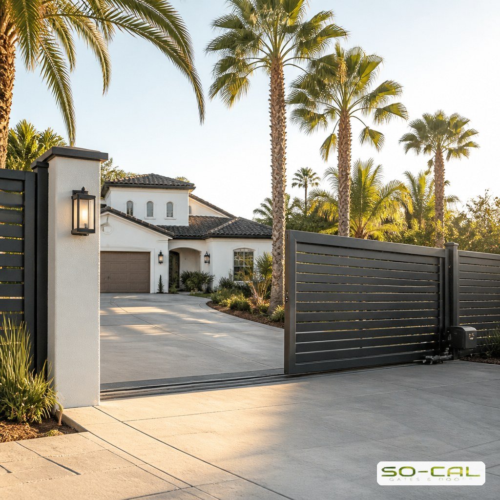 Sliding driveway gate retracted along the fence line beside a residential driveway