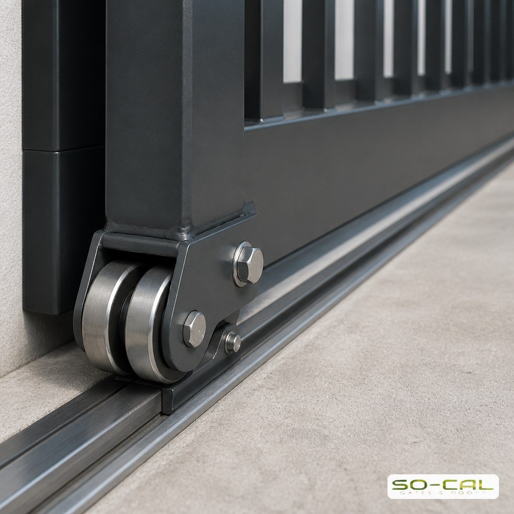 Close up of a sliding gate roller and track mechanism