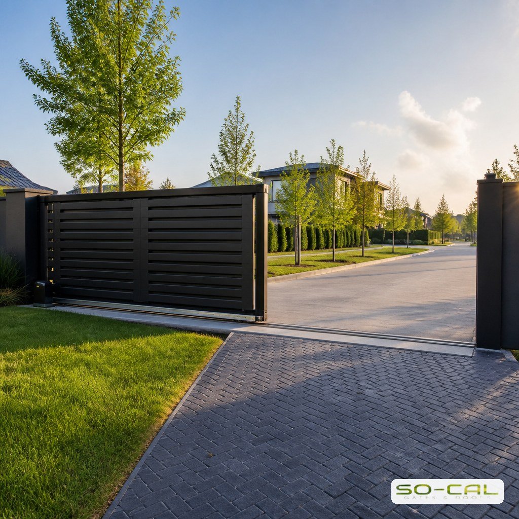 Sliding gate open beside a wide suburban driveway