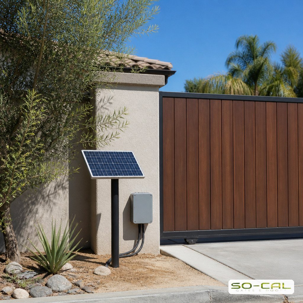 Solar panel powering an automatic gate at a Southern California driveway
