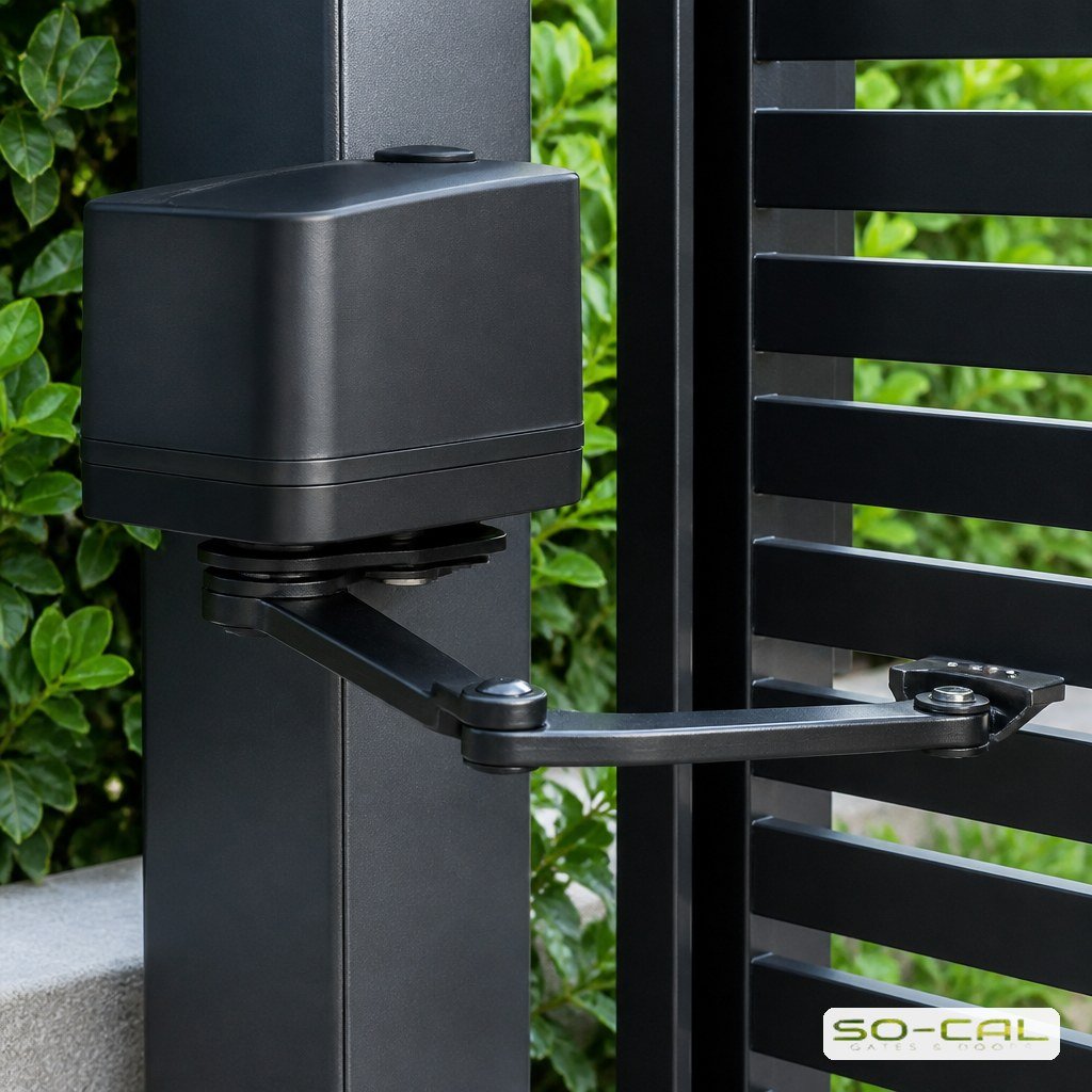 Articulated arm swing gate operator attached to a gate post