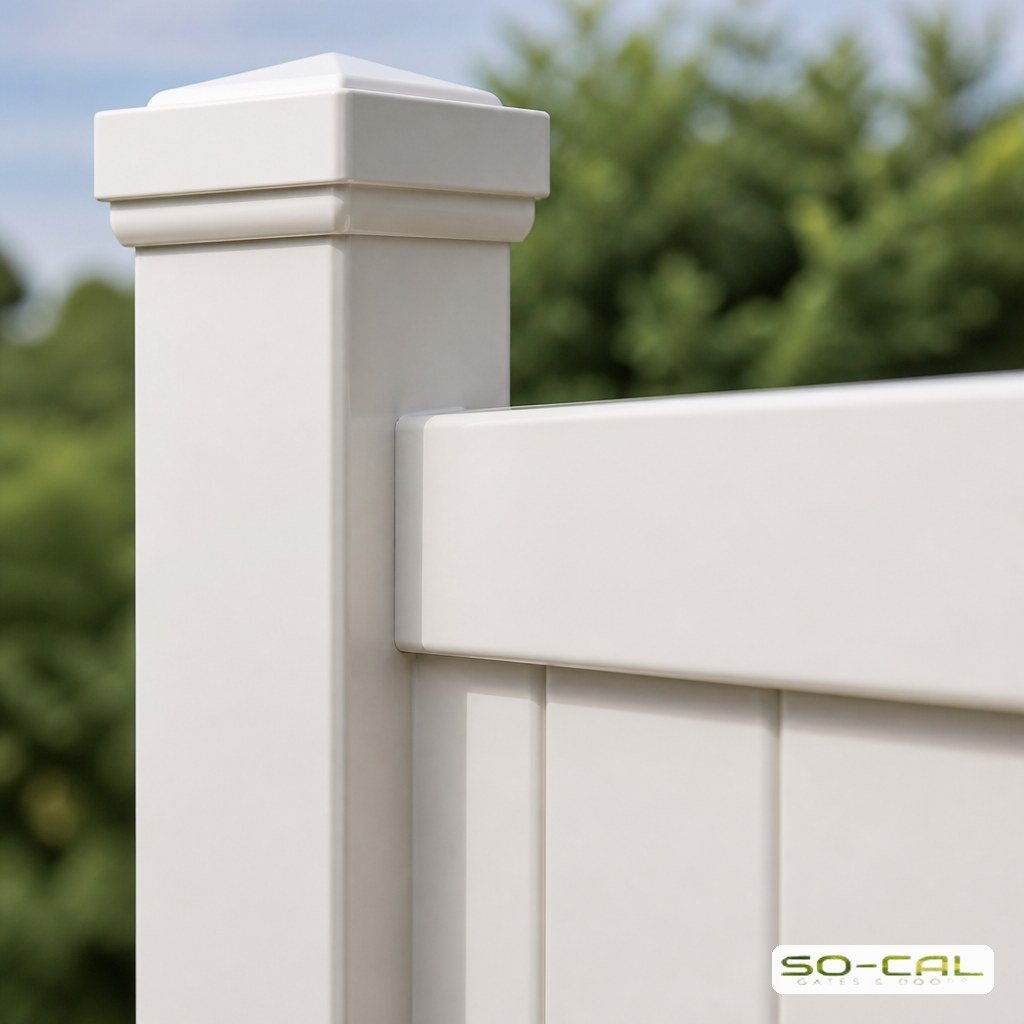 Close up of a white vinyl fence panel and post cap