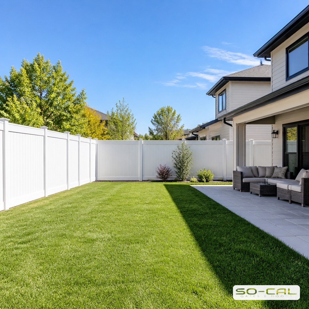 White vinyl privacy fence enclosing a suburban backyard