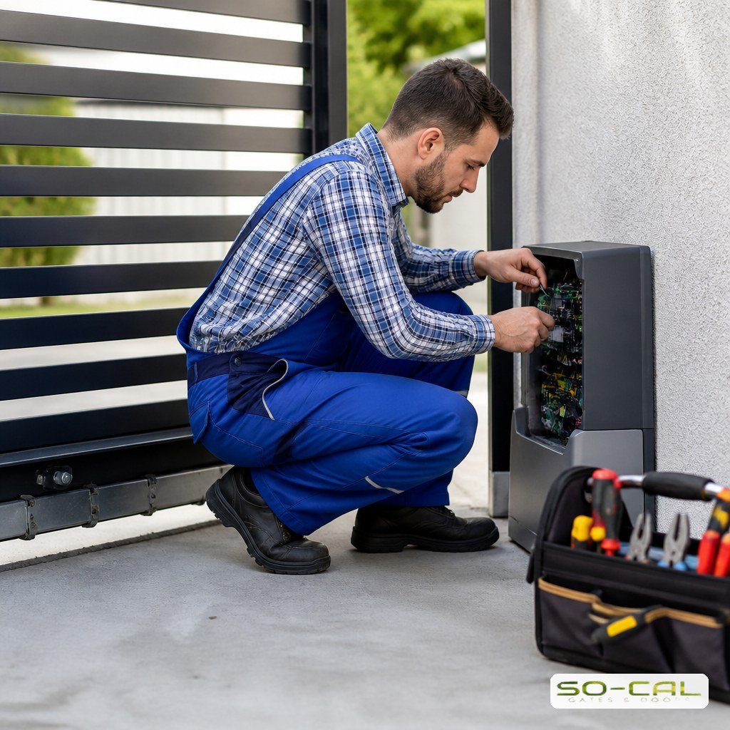 Technician servicing an automatic gate operator and control box