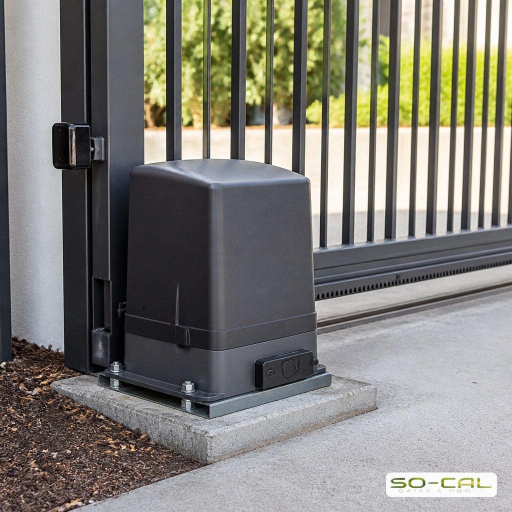 Automatic gate operator and safety sensor installed beside a driveway gate