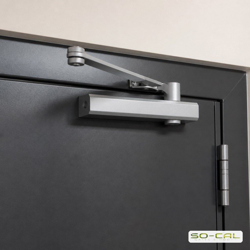 Door closer and hinge assembly on a commercial steel door