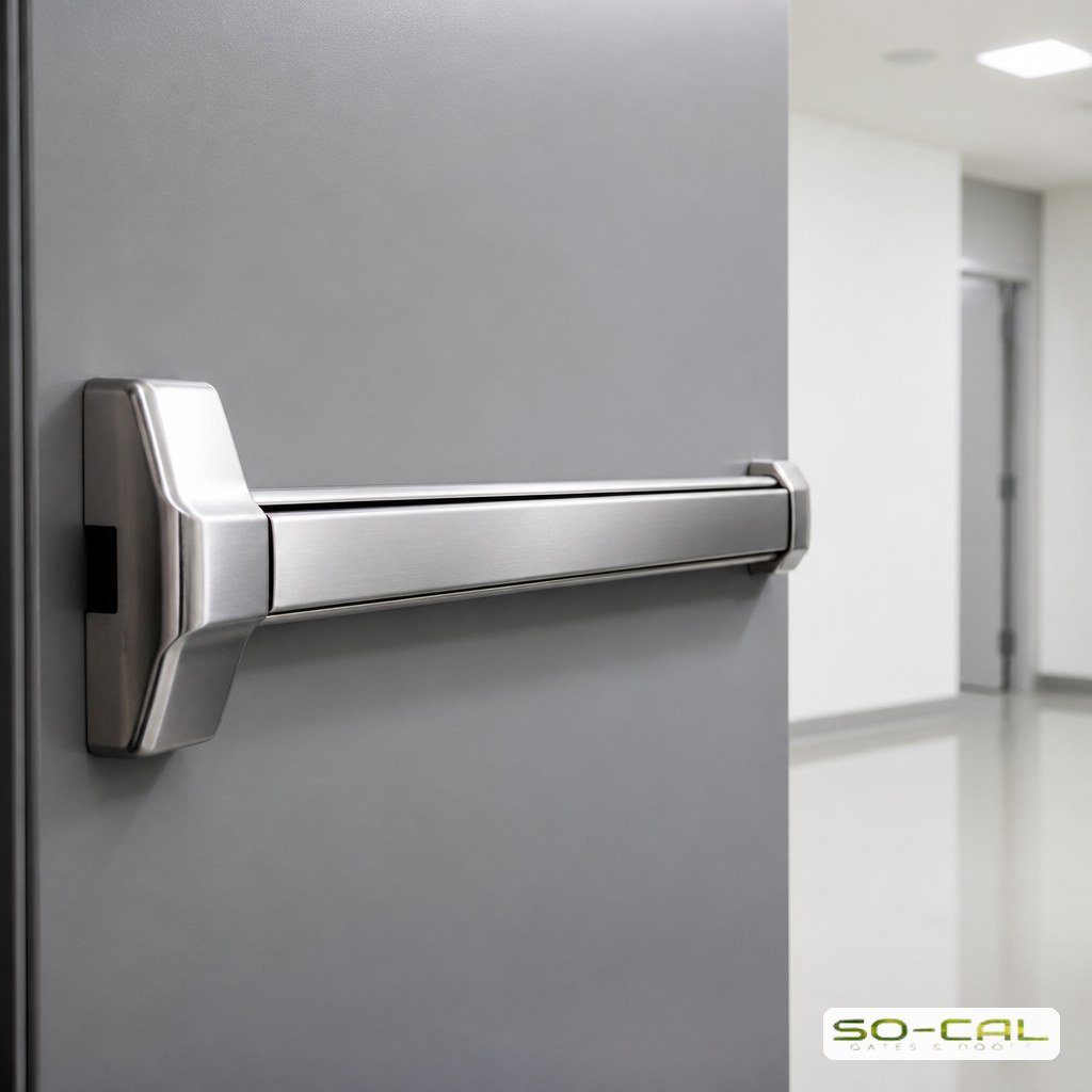 Stainless steel push bar exit device on a commercial metal door