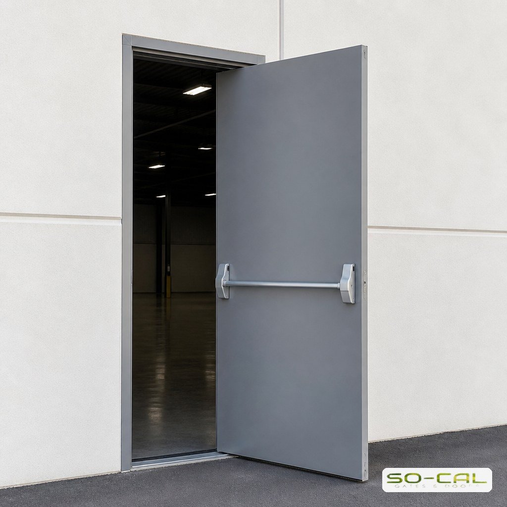 Hollow metal service door in a steel frame, open, with a panic exit bar on the push side
