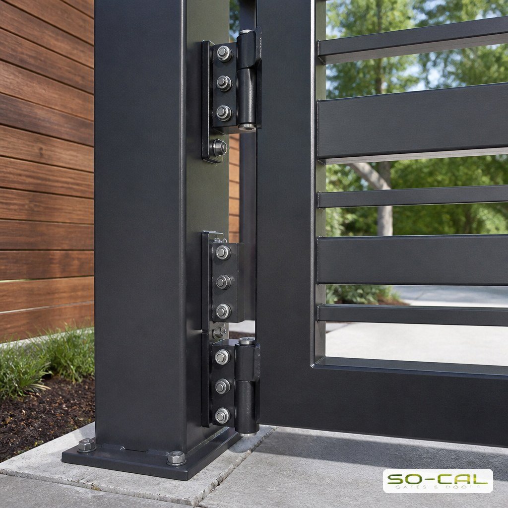 Heavy duty hinge and post assembly on a custom swing driveway gate