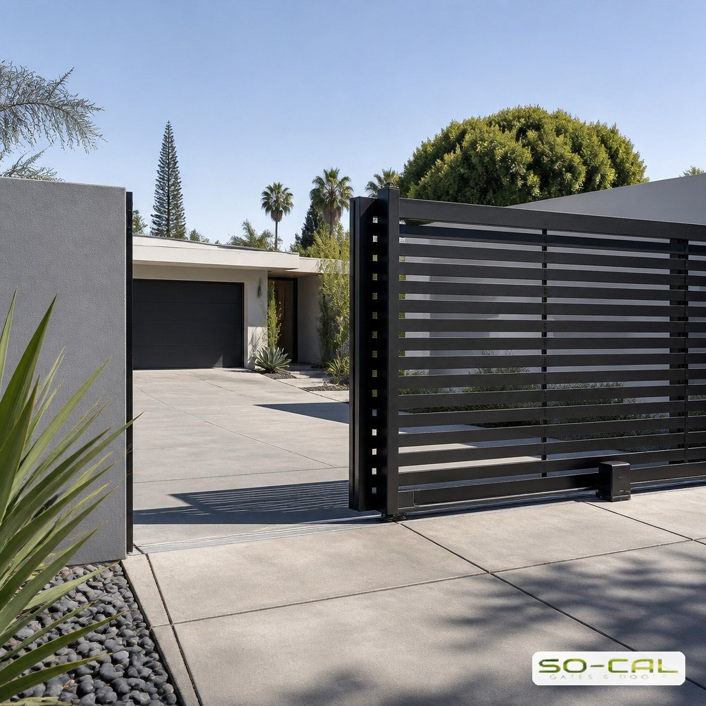 Modern horizontal slat sliding driveway gate at a contemporary home