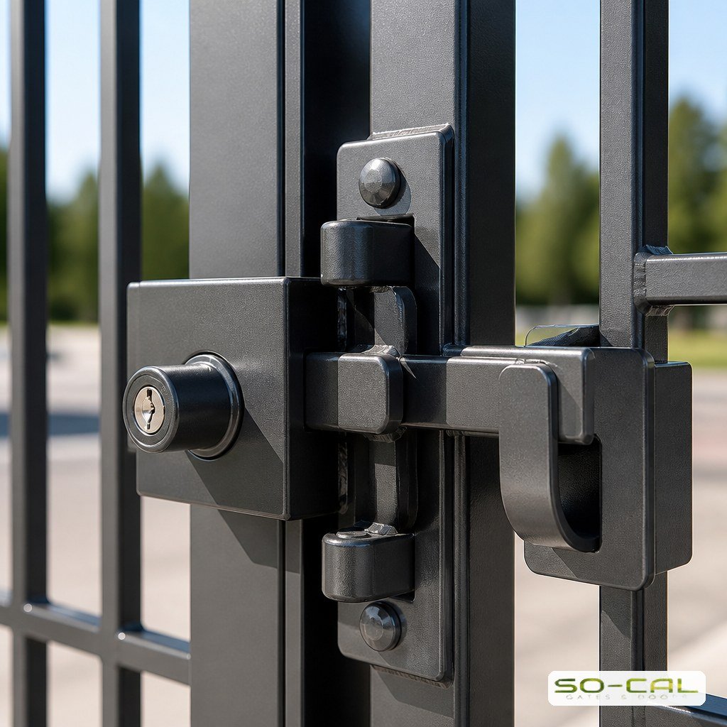 Heavy duty lock and latch assembly on a metal driveway gate