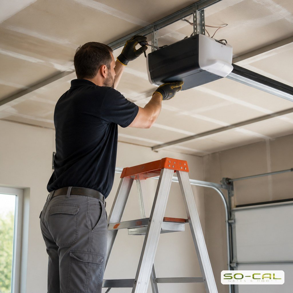 Technician servicing a garage door opener motor unit