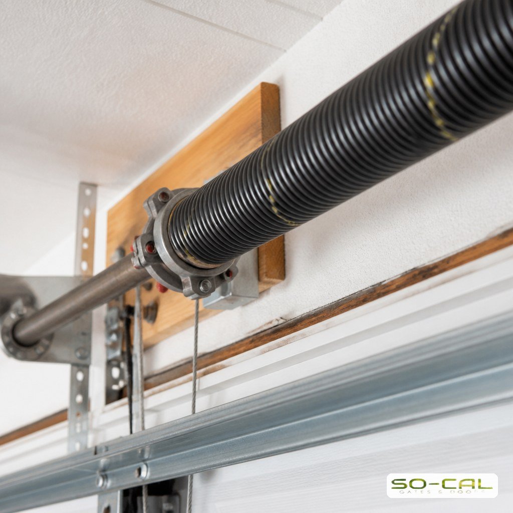 Torsion spring and cable drum above a garage door
