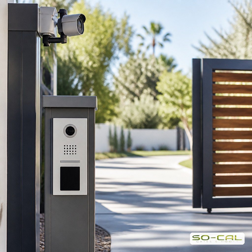 Gate keypad and intercom pedestal with security camera