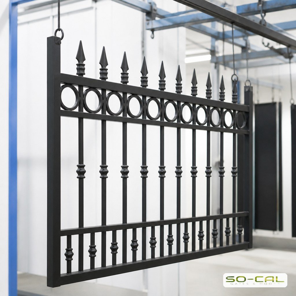 Powder coated ornamental iron gate panel on a finishing line