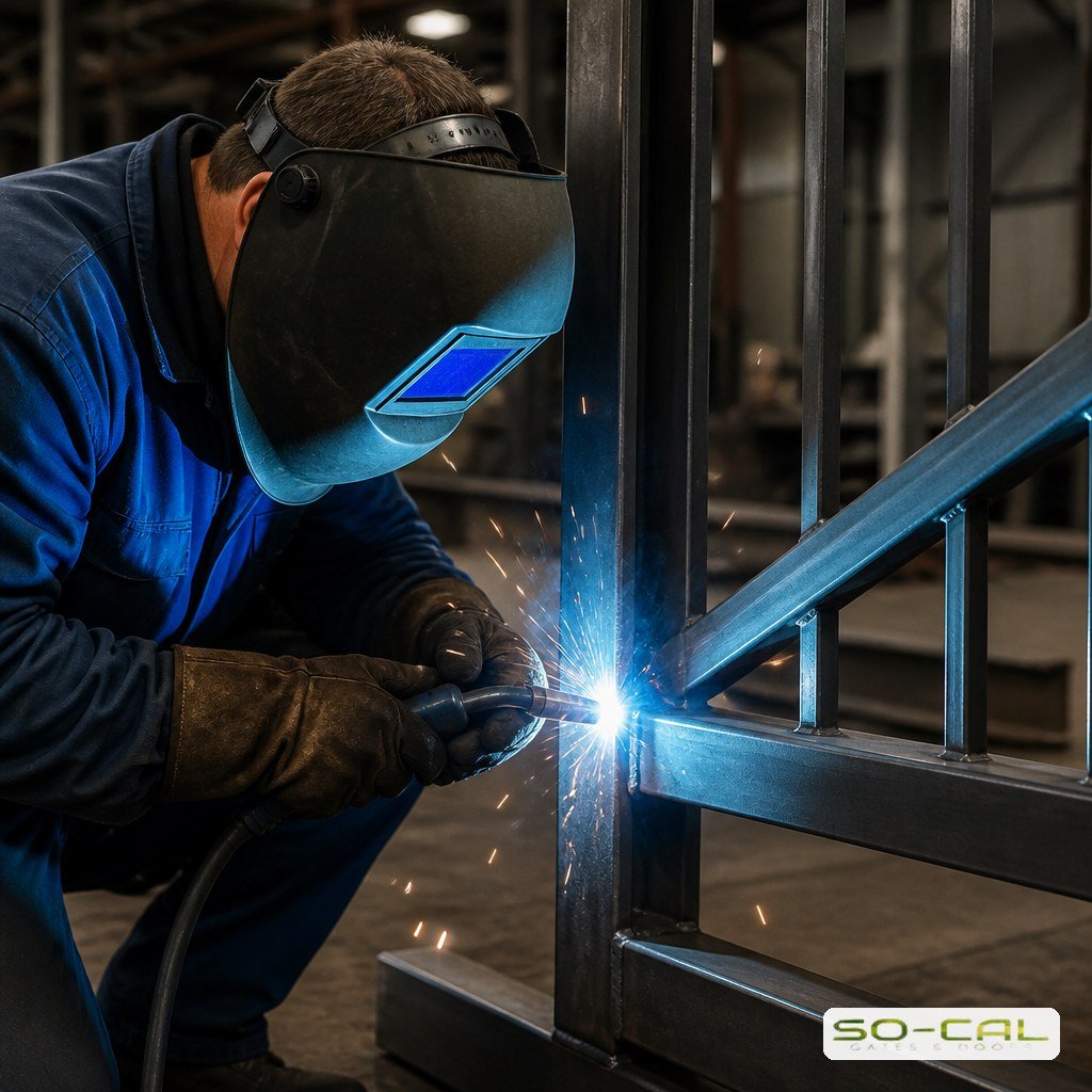Welder joining a heavy steel gate frame in a fabrication shop