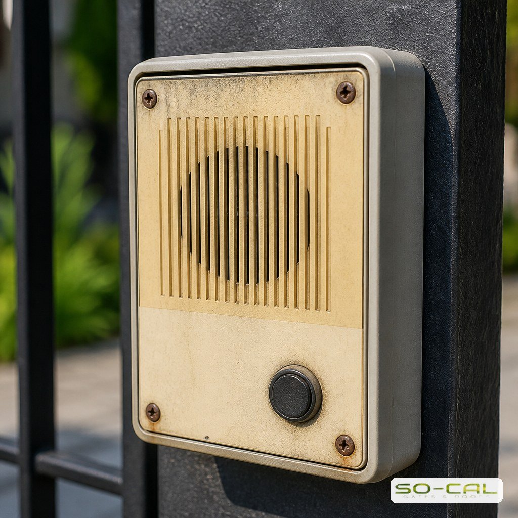 Weathered analog intercom unit on an older gate post