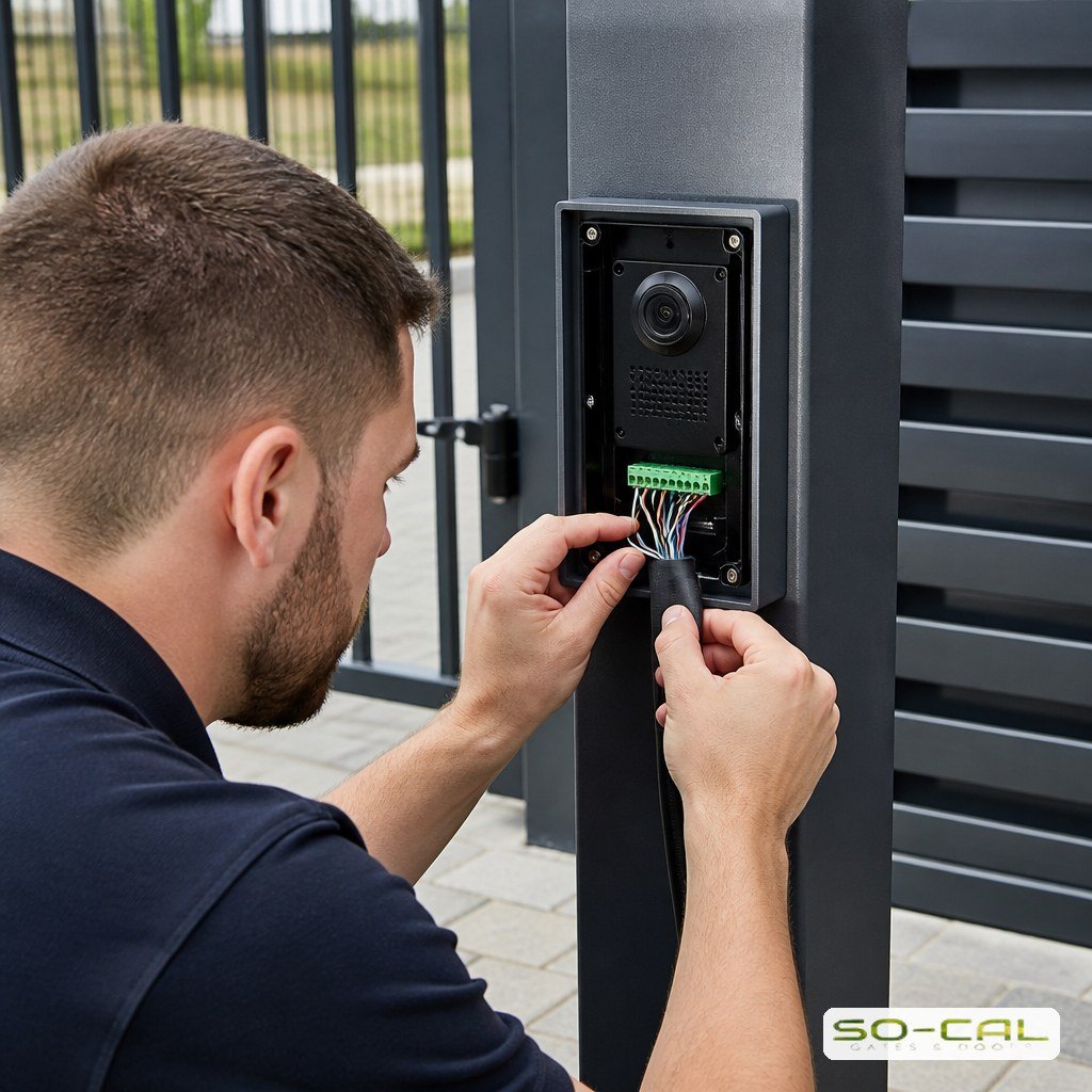 Technician wiring an intercom station at a gate pedestal