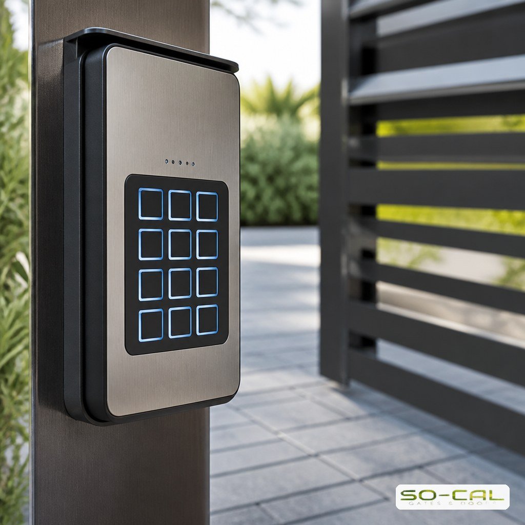 Backlit gate keypad mounted on a pedestal beside a driveway