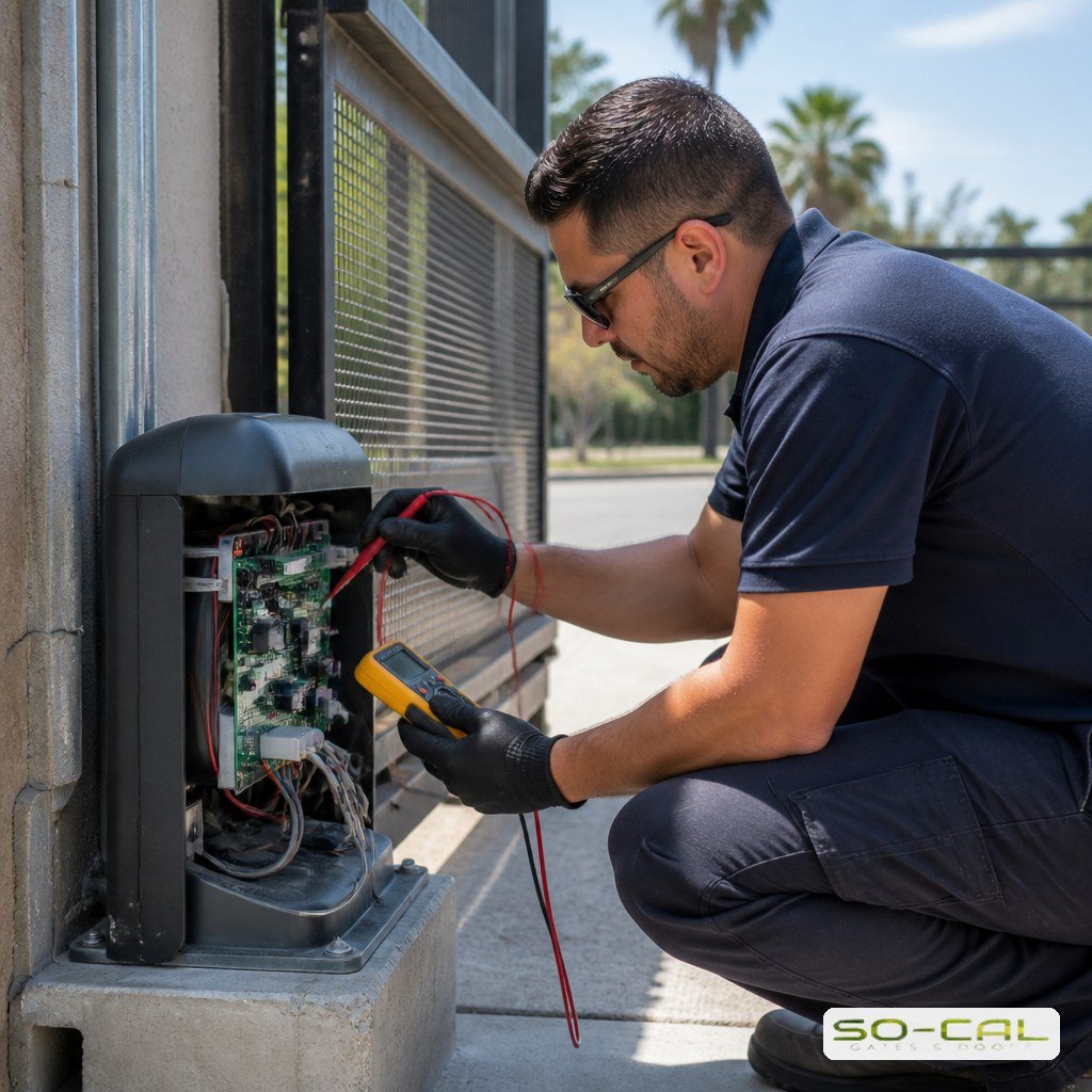 Technician inspecting an automatic gate operator control board