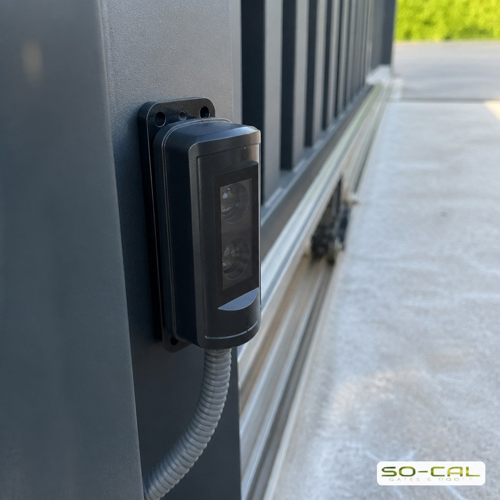 Photoelectric safety sensor mounted on an automatic gate post
