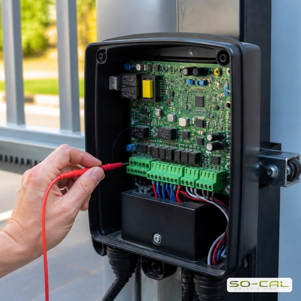 Gate operator control board being tested with a multimeter