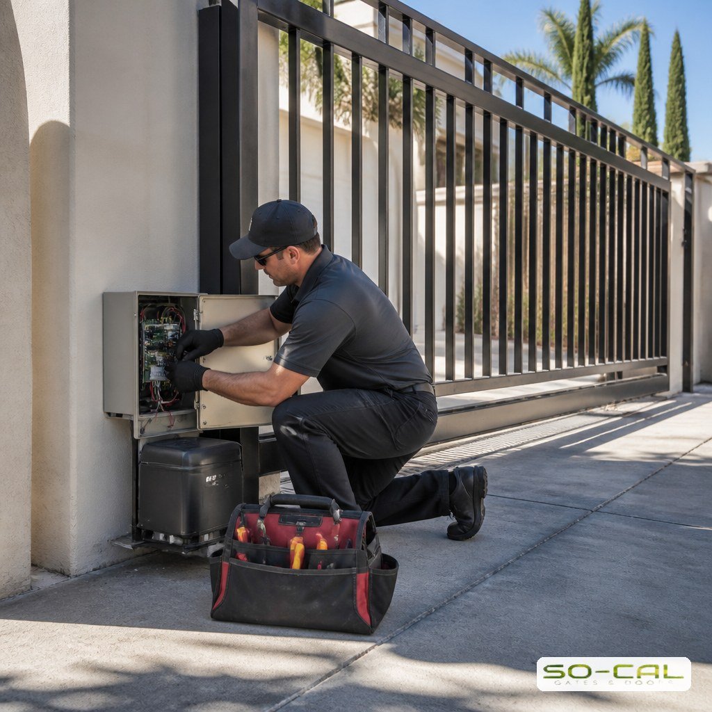 Technician diagnosing an automatic driveway gate operator at the enclosure