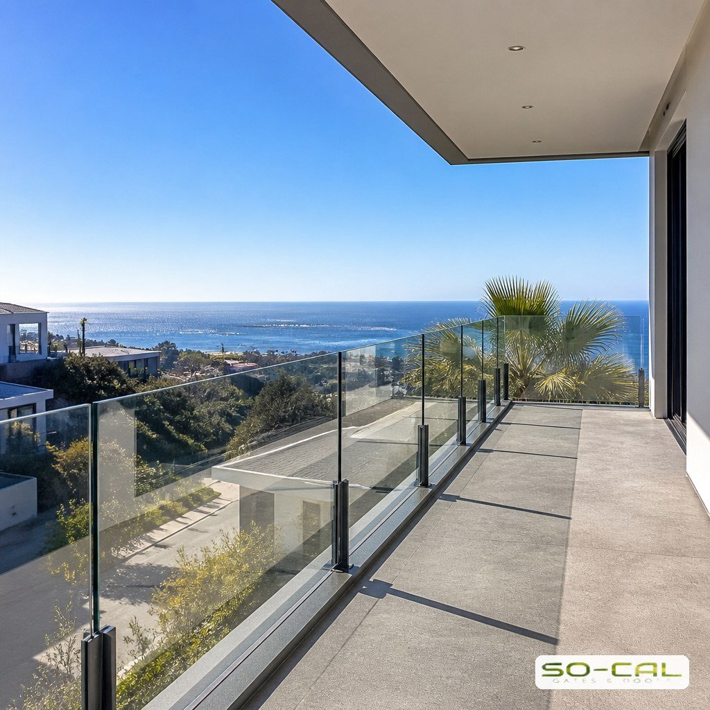 Glass balcony railing with slim metal posts on a modern home