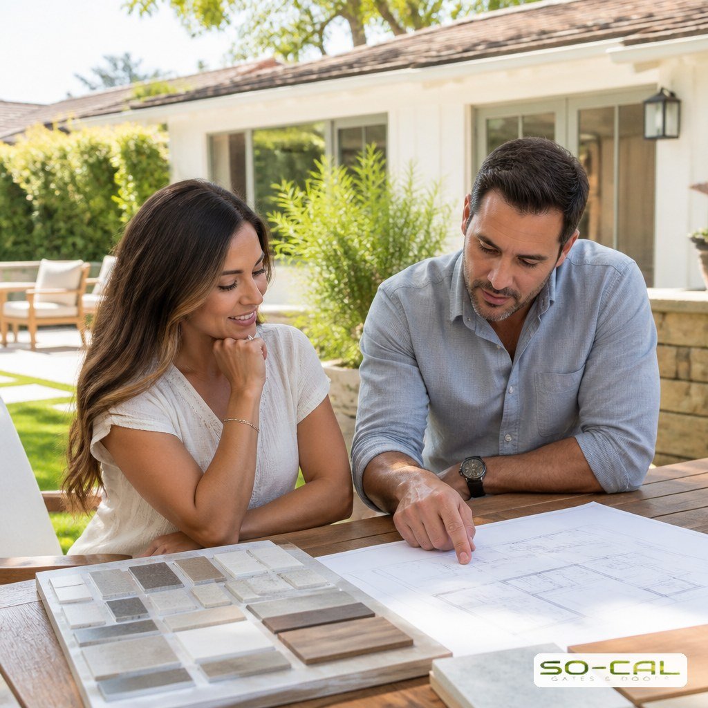 Homeowners reviewing gate design plans and material samples