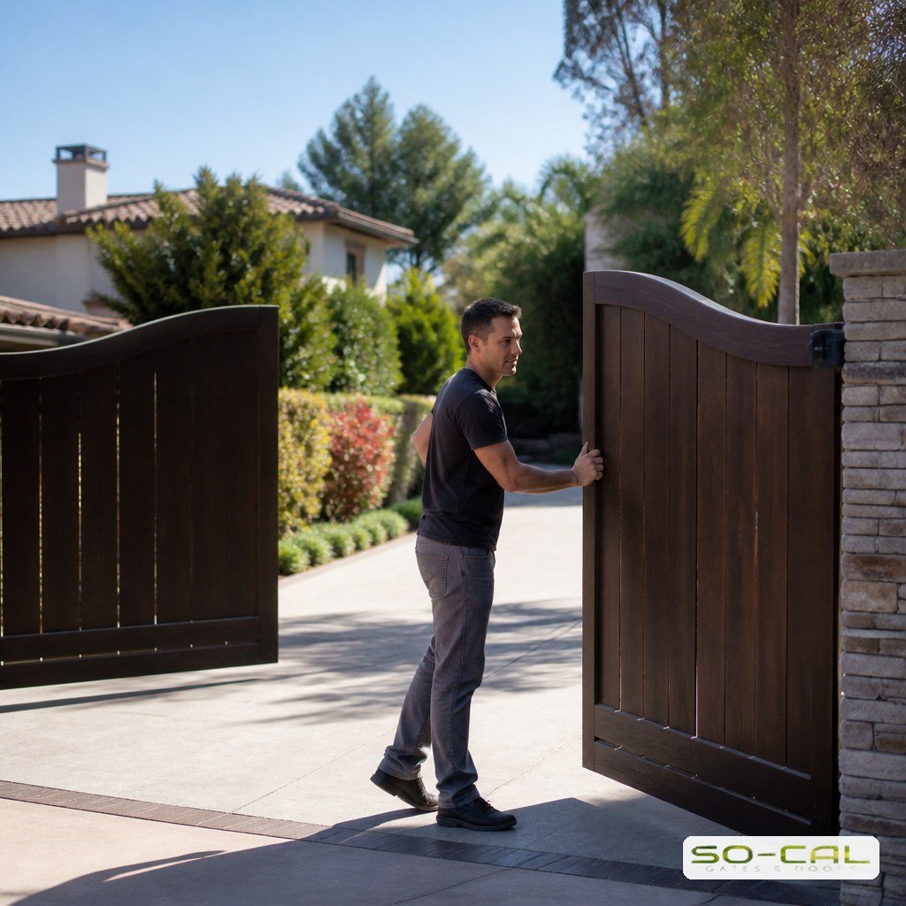 Homeowner opening a manual swing driveway gate by hand