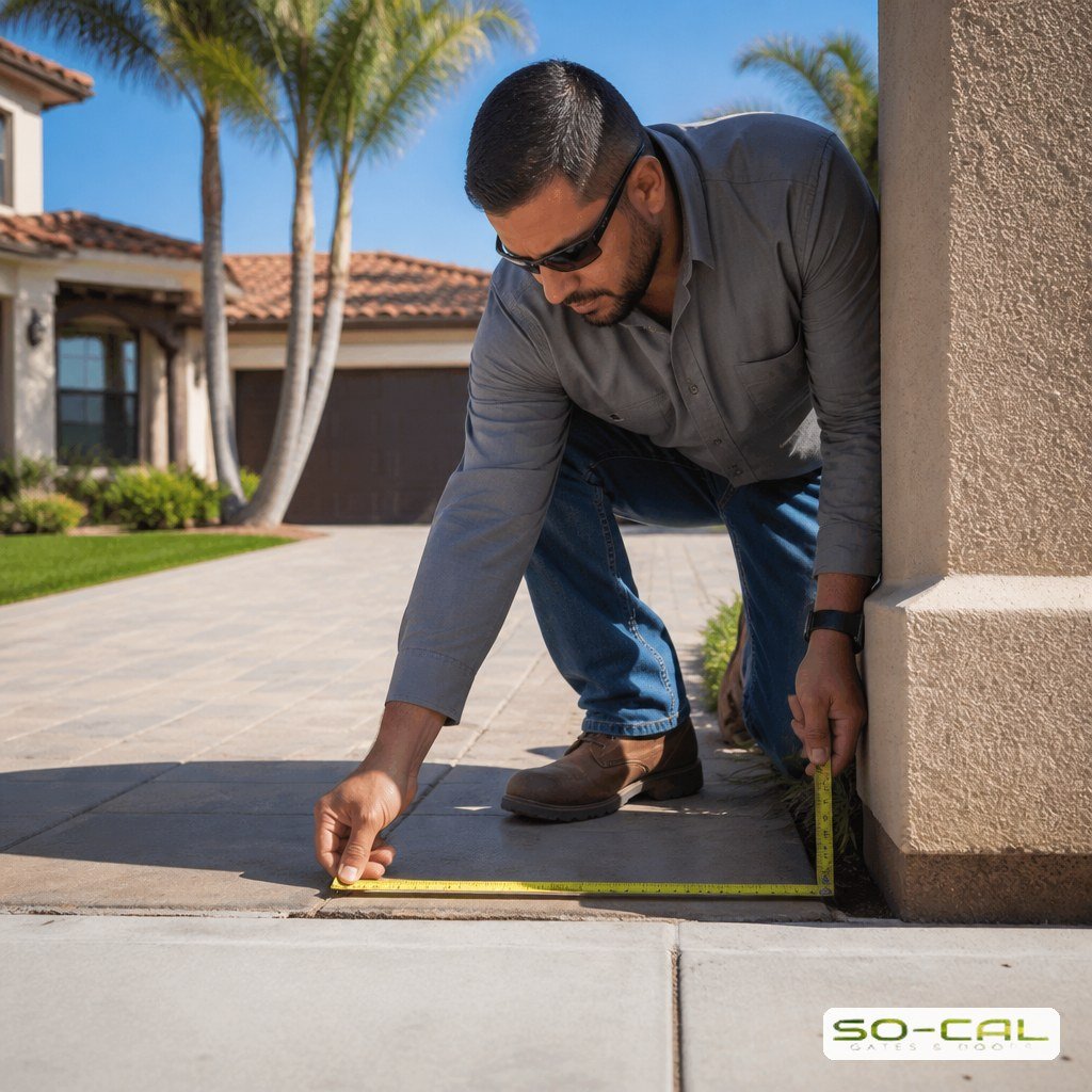 Contractor measuring a driveway entrance before gate installation