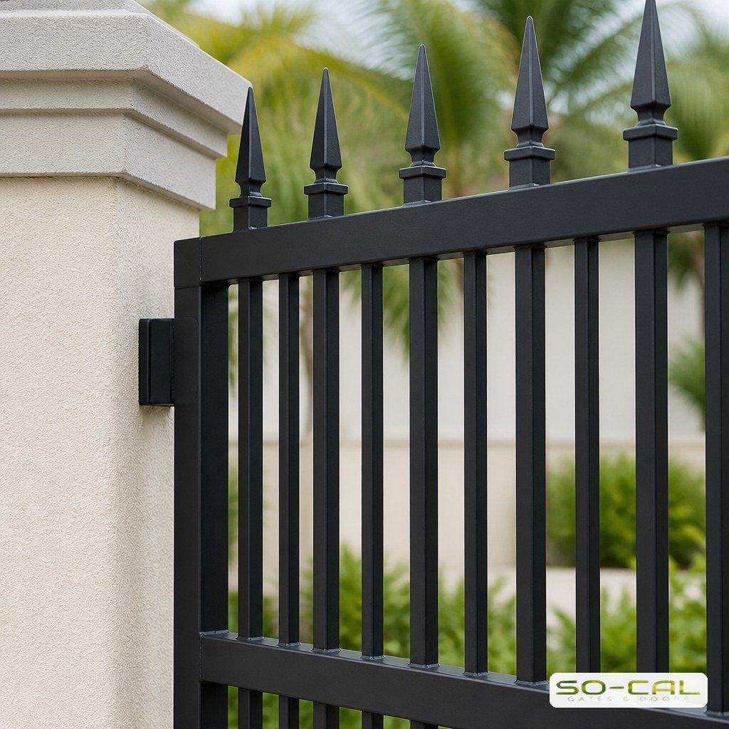 Powder coated ornamental metal gate panel detail beside a stucco pillar
