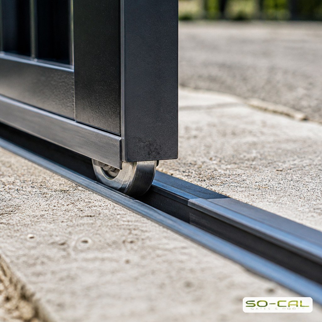 Sliding gate roller seated in a V-track ground rail